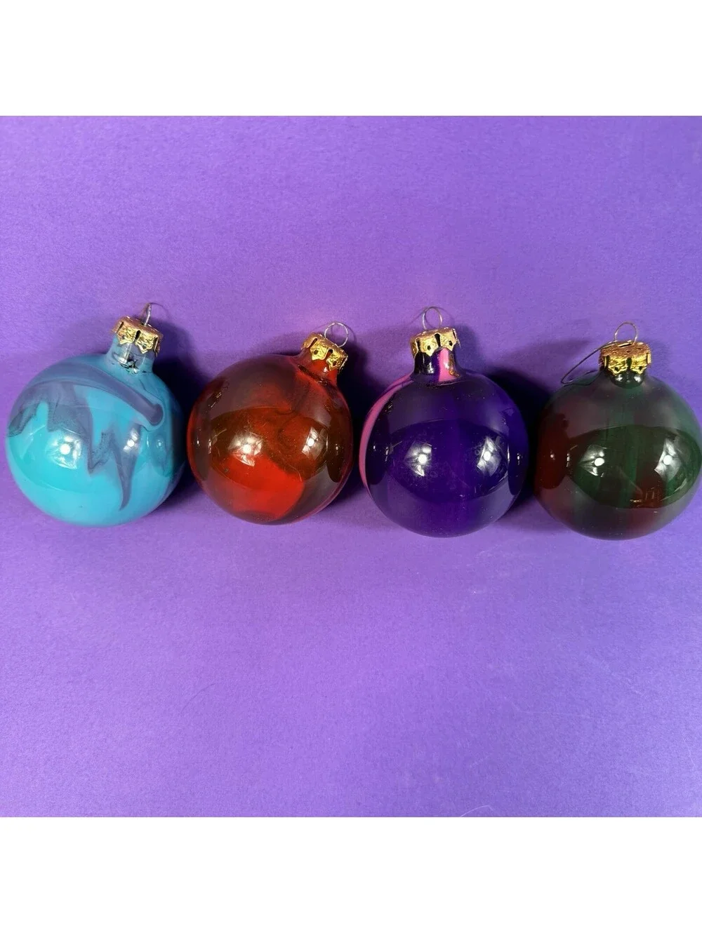 4 Glass Christmas Ornaments Swirl Marbled Red Blue Teal Handpainted 1990s Retro